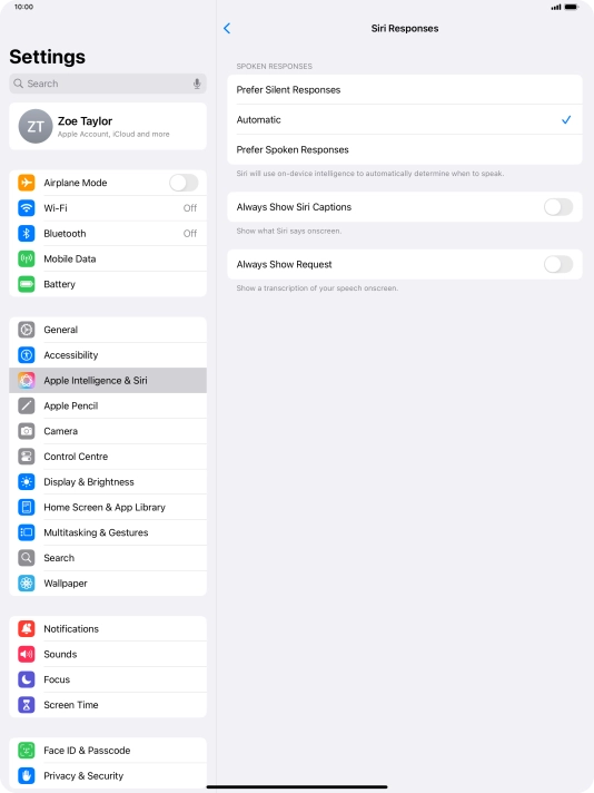 Press the required setting.