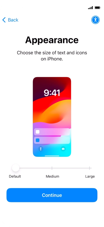 Select the required text and icon size on your phone and press Continue.