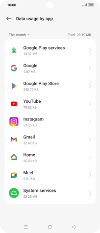 The data usage for each application is displayed below the name of the application. The data usage for each application is displayed below the name of the application.
