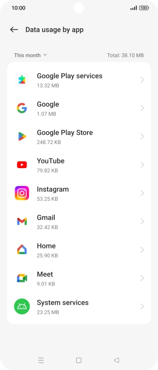 The data usage for each application is displayed below the name of the application. The data usage for each application is displayed below the name of the application.