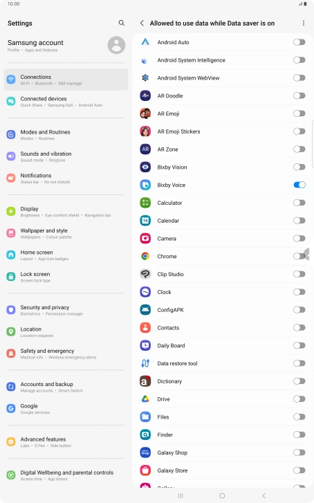 Press the indicators next to the required apps to turn the function on or off.