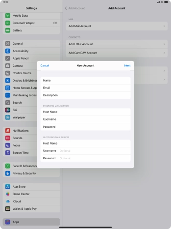 Press Username and key in the username for your email account.