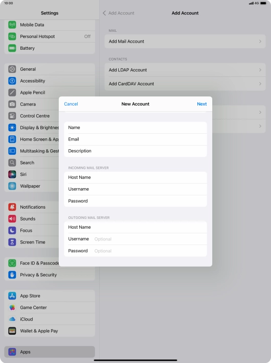 Press Username and key in the username for your email account.
