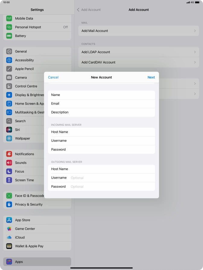 Press Username and key in the username for your email account.