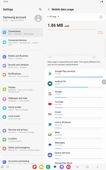 The data usage for each application is displayed below the name of the application. The data usage for each application is displayed below the name of the application.