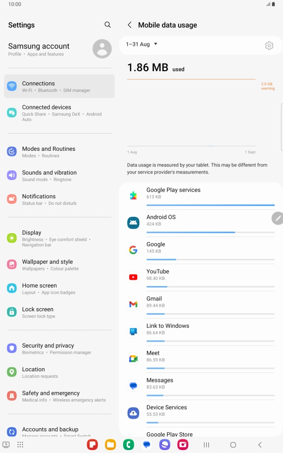 The data usage for each application is displayed below the name of the application. The data usage for each application is displayed below the name of the application.