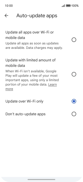 To turn on automatic update of apps using mobile network, press Update all apps over Wi-Fi or mobile data. To turn on automatic update of apps using mobile network, press Update all apps over Wi-Fi or mobile data.