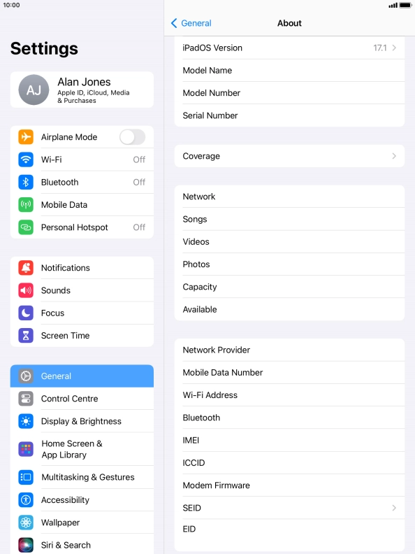 Your tablet's EID number is displayed below EID.