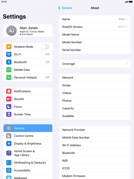Your tablet's software version is displayed next to iPadOS Version.