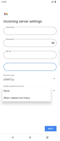 Press Never to keep email messages on the server when you delete them on your phone.