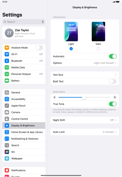 If you turn on the function, press Options and follow the instructions on the screen to select the required period of time for Dark Mode.
