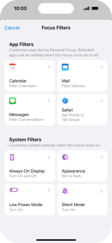 To see specific calendars in the selected focus mode, press Calendar and follow the instructions on the screen to select the required calendars.