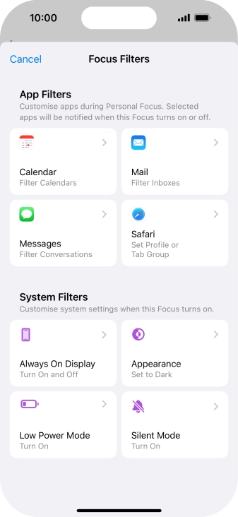 To see specific calendars in the selected focus mode, press Calendar and follow the instructions on the screen to select the required calendars.