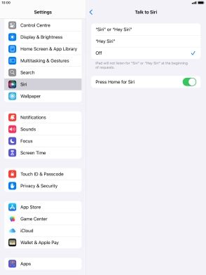Press the required setting to turn the function on or off. If you turn on the function, you need to follow the instructions on the screen to set up Siri to recognise your voice.