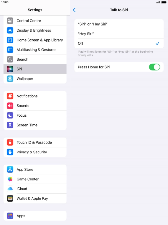 Press the required setting to turn the function on or off. If you turn on the function, you need to follow the instructions on the screen to set up Siri to recognise your voice.