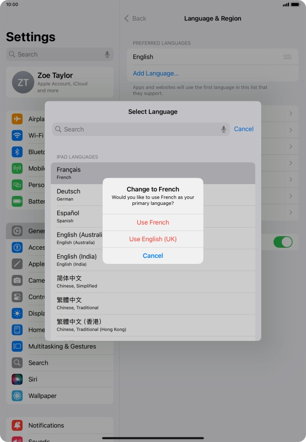 To select the new language as the default tablet language, press Use ‹language›. To select the new language as the default tablet language, press Use ‹language›.