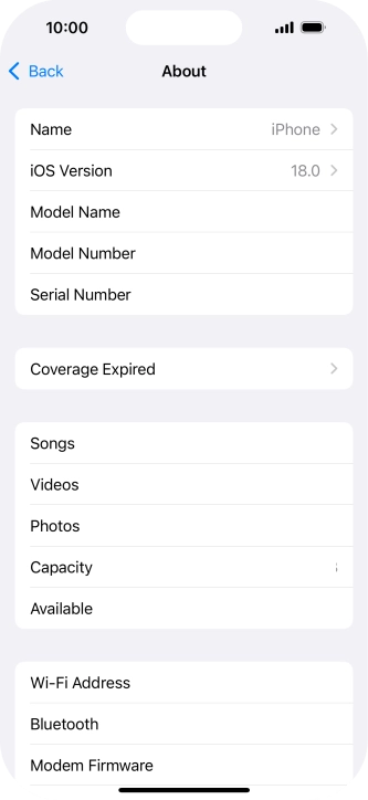 Your phone's software version is displayed next to iOS Version.