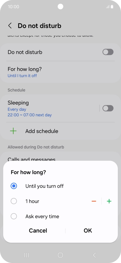 Press the required setting.