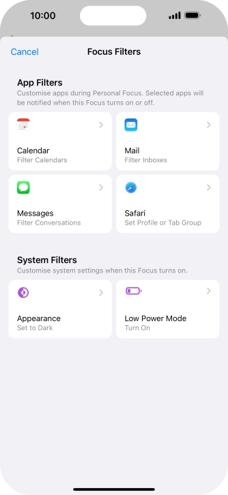 To see specific calendars in the selected focus mode, press Calendar and follow the instructions on the screen to select the required calendars.