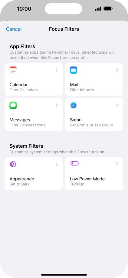 To see specific calendars in the selected focus mode, press Calendar and follow the instructions on the screen to select the required calendars.
