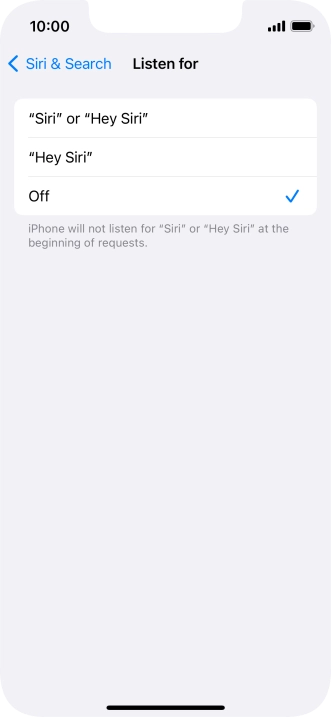 Press the required setting to turn the function on or off. If you turn on the function, you need to follow the instructions on the screen to set up Siri to recognise your voice.