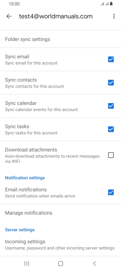 Press the fields next to the required data types to turn synchronisation on or off. Press the fields next to the required data types to turn synchronisation on or off.
