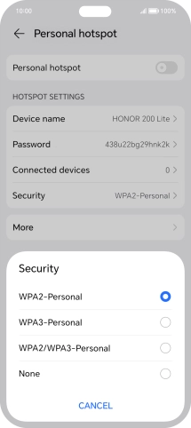 Press WPA3-Personal to password protect your Wi-Fi hotspot.