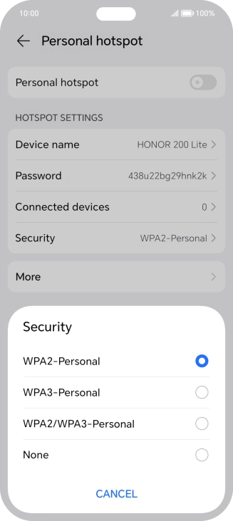 Press WPA3-Personal to password protect your Wi-Fi hotspot.