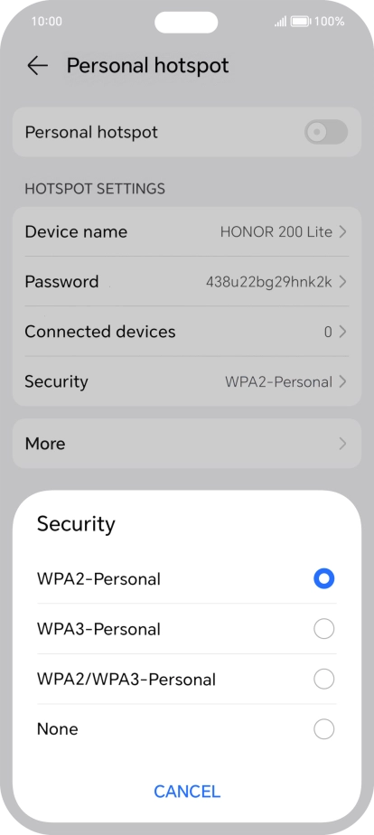 Press WPA3-Personal to password protect your Wi-Fi hotspot.