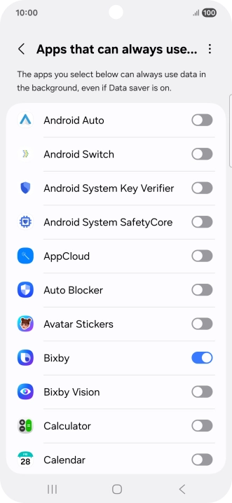 Press the indicators next to the required apps to turn the function on or off.