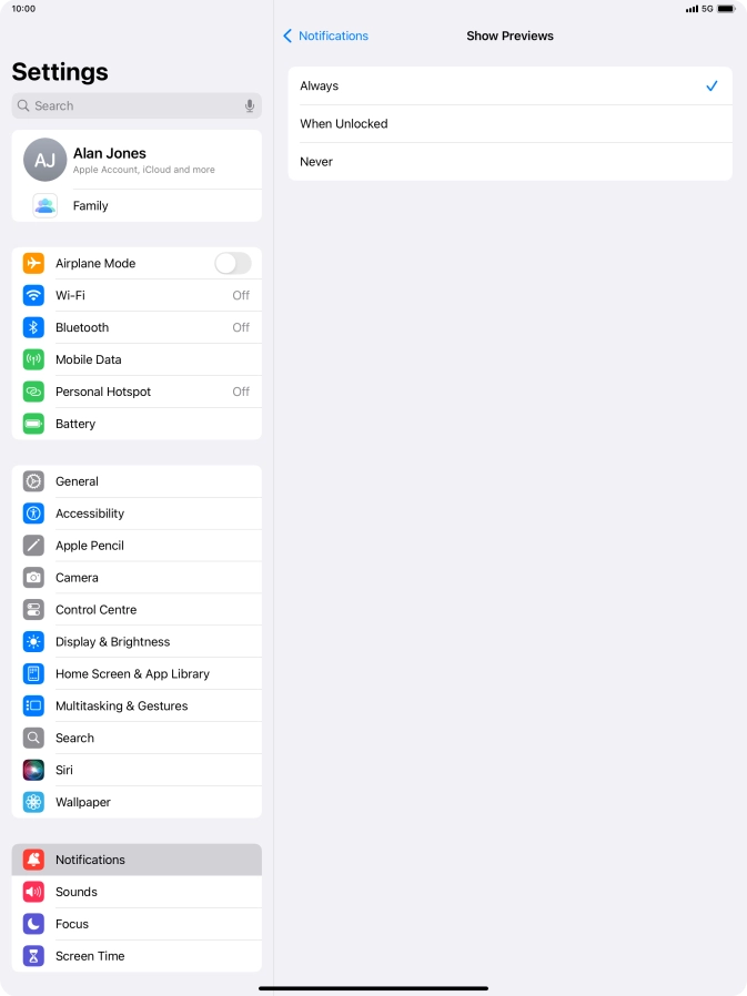 To select notification preview on the lock screen, press Always.