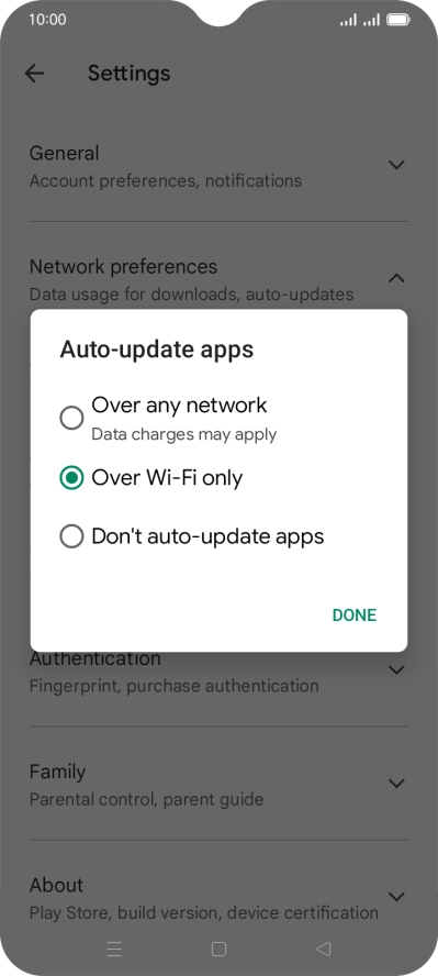 To turn on automatic update of apps using mobile network, press Over any network.