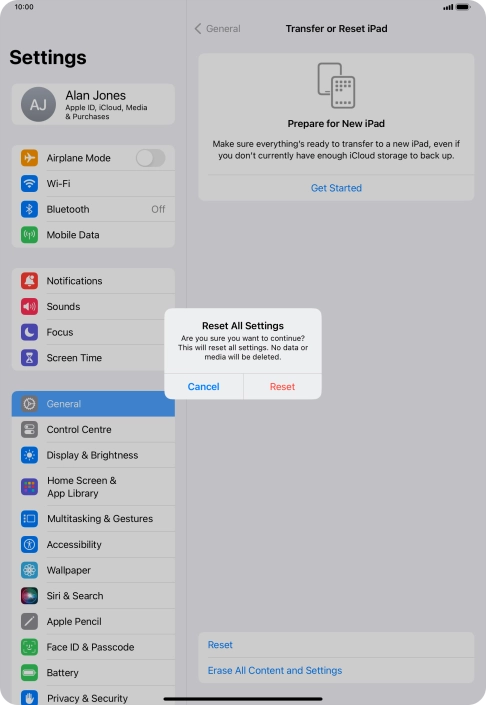 Press Reset. Wait a moment while the factory default settings are restored. Follow the instructions on the screen to set up your tablet and prepare it for use.