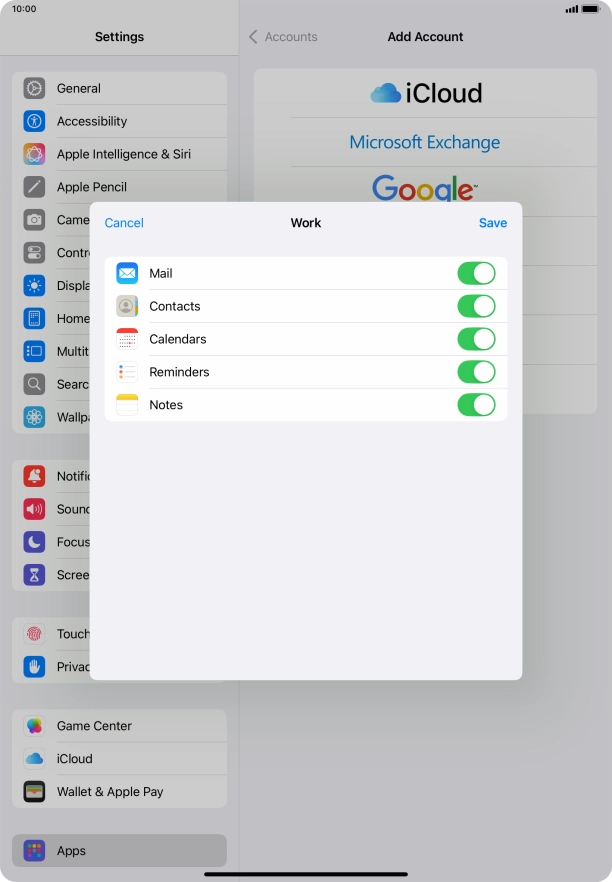Press the indicators next to the required data types to turn synchronisation of each data type on or off.