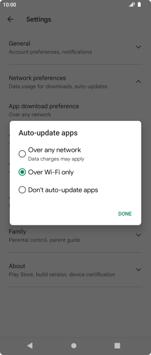 To turn on automatic update of apps using mobile network, press Over any network.