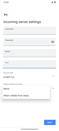 Press Never to keep email messages on the server when you delete them on your phone.