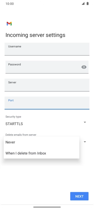 Press Never to keep email messages on the server when you delete them on your phone.