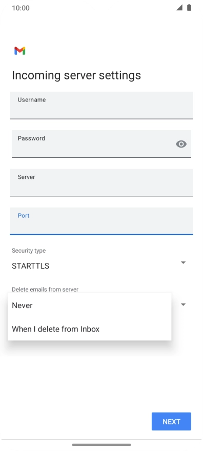 Press Never to keep email messages on the server when you delete them on your phone.