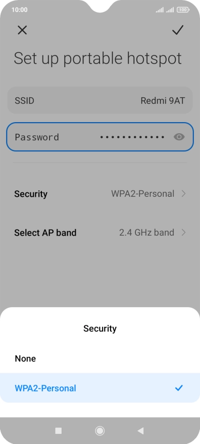 Press WPA2-Personal to password protect your Wi-Fi hotspot. Press WPA2-Personal to password protect your Wi-Fi hotspot.