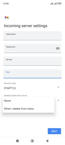 Press Never to keep email messages on the server when you delete them on your phone.