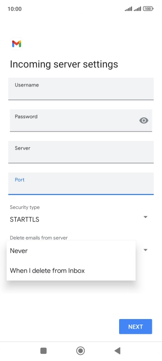 Press Never to keep email messages on the server when you delete them on your phone.