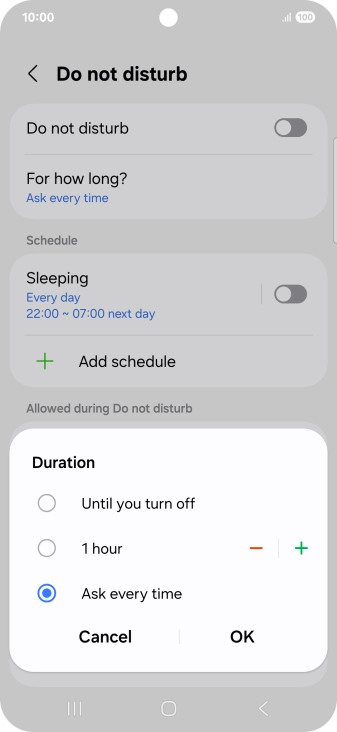 Press the required setting.