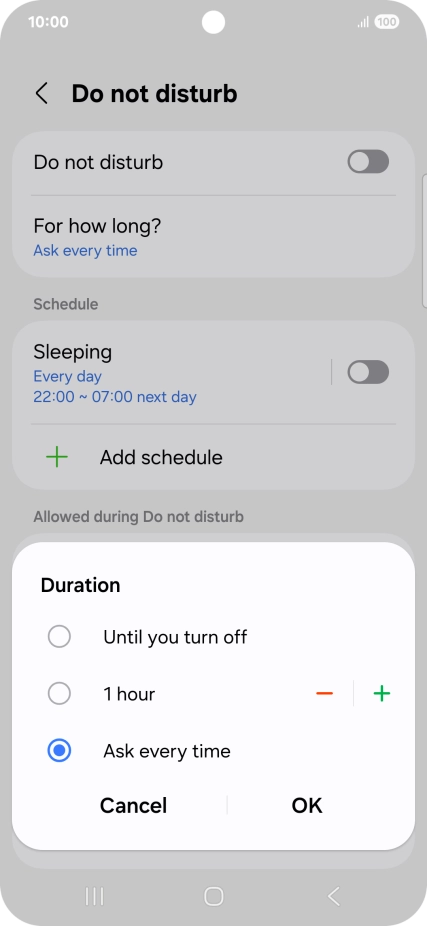 Press the required setting.