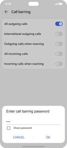 Key in your barring password and press OK. The default barring password is 1919.