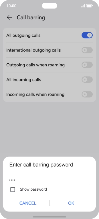 Key in your barring password and press OK. The default barring password is 1919.