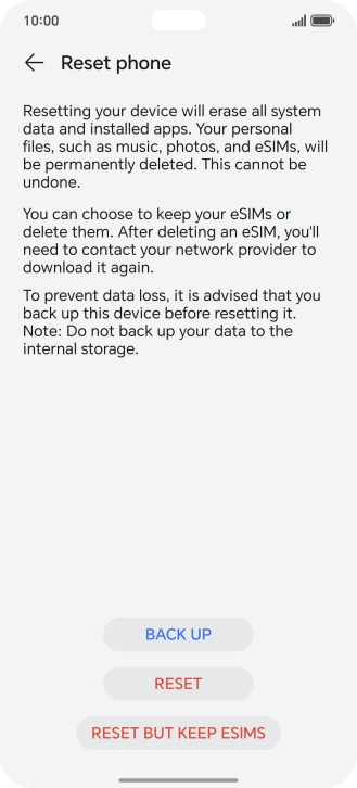 Press RESET. Wait a moment while the factory default settings are restored. Follow the instructions on the screen to set up your phone and prepare it for use.