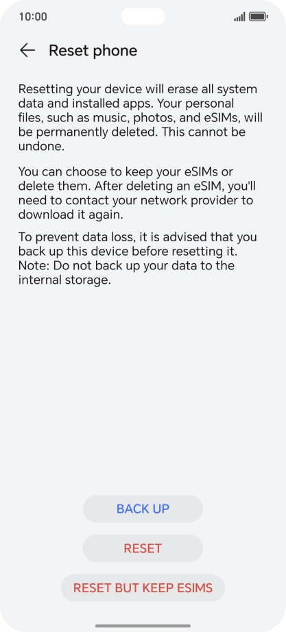 Press RESET. Wait a moment while the factory default settings are restored. Follow the instructions on the screen to set up your phone and prepare it for use.
