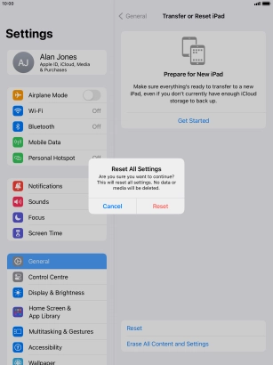 Press Reset. Wait a moment while the factory default settings are restored. Follow the instructions on the screen to set up your tablet and prepare it for use.