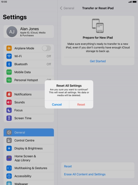 Press Reset. Wait a moment while the factory default settings are restored. Follow the instructions on the screen to set up your tablet and prepare it for use.