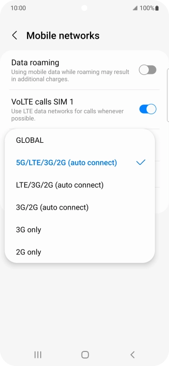 Press the required network mode.
